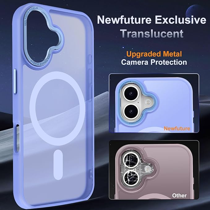 Newfuture Designed for iPhone 16 Case with Magnetic [13 FT Military Drop Protection] [Compatible with Magsafe] Slim Translucent Matte Shockproof with Anti-Fingerprint Phone Case, Light Purple