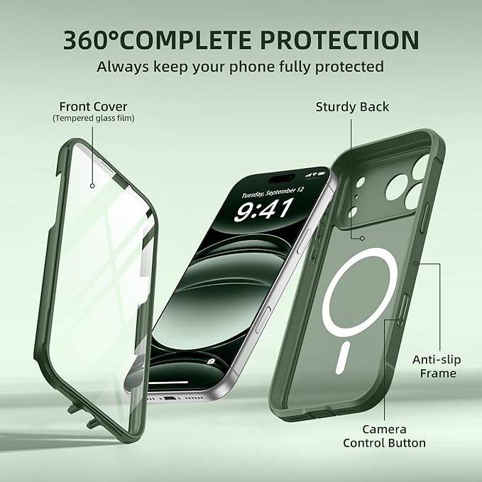 BERFY for iPhone 17 Pro Max Case, Compatible with MagSafe, Built-in Glass Screen Protector, Camera Protection, Shockproof Full Body Phone case 6.9", Translucent Deep Green