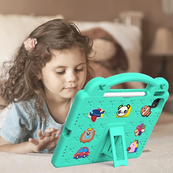 for iPad Air 11 inch Kids Case M3/M2 (2025/2024) & iPad Pro 11 Inch M4 Case 2024 with Pencil Holder/Handle/Kickstand/Cute DIY Soft Shockproof Stand Lightweight Tablet Cover, Mint Green Bear