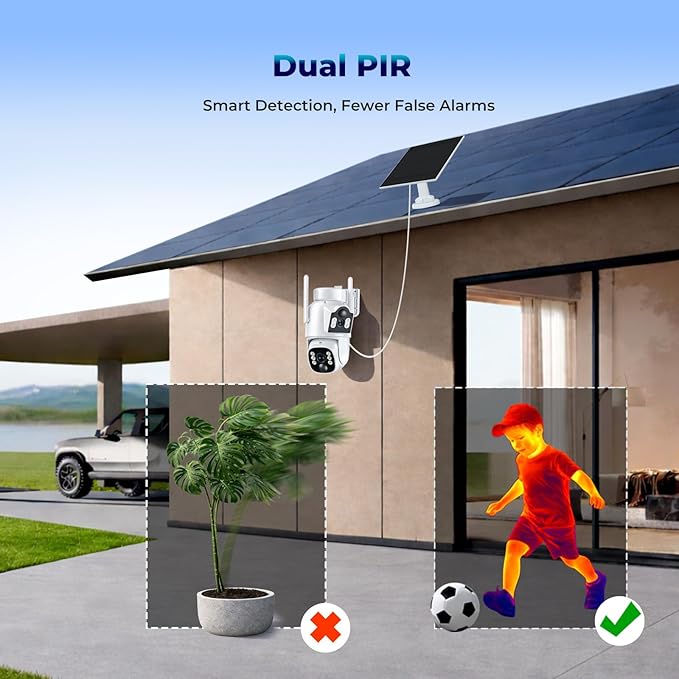 Solar Security Cameras Wireless Outdoor, Dual-Lens Security Camera System, Multi-Angle Monitoring, 360°PTZ, 2K Color Night Vision,2-Way Audio, 0 Monthly Fee, 2.4 & 5GHz WiFi