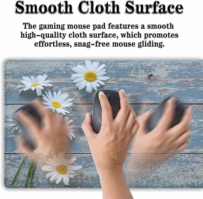 Computer Desk Mat Mouse Pad, Big Non-Slip Rubber Base Mousepad for PC, Work, Game, Office, Home - 35.4 X 15.7 Inch - Daisy Flowers on Old Wooden