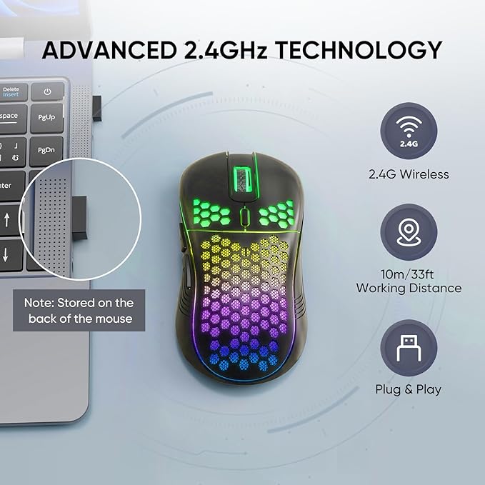MELOGAGA Wireless Gaming Mouse Honeycomb 2.4G USB Cordless Mouse RGB Rechargeable PC Game Mice with 7-Color LED Lights，4 Adjustable DPI for Windows Laptop Desktop Computers (Black)