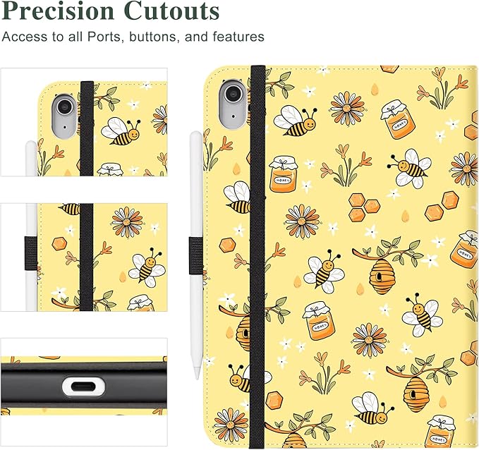 Vimorco Case for iPad (A16) 11th Generation 2025, for iPad 11th/10th Generation Case, Pencil Holder with Hand Strap & Pocket, Multiple Stand Protector PU Leather Cover, Auto Wake/Sleep, Yellow Bee