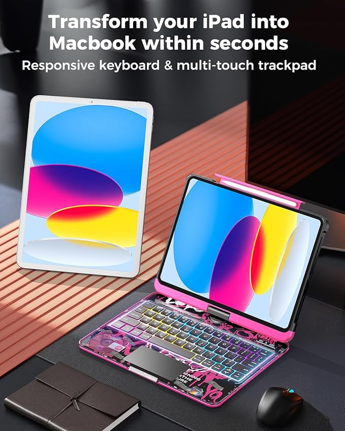 TSQQST Clear Wireless Keyboard Case for iPad (A16) 11th Generation 11-inch 2025/ iPad 10th Generation 10.9-inch 2022 with Pencil Holder & Multi-Touch Trackpad, 7-Color Backlit, 360 Rotatable, Pink