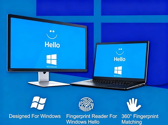 USB Fingerprint Reader Fingerprint for Windows10/11, Tap and Go with 360° Touch with 5ft Extension Cable-Windows Password Free Operation Windows Hello Automatic Driver Installation