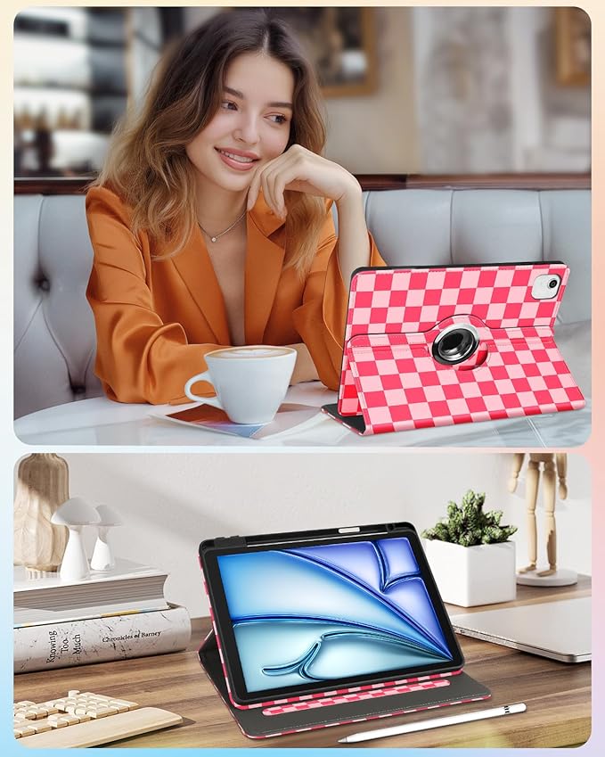 Kidcube for iPad Air 11 Inch Case M3/M2, Air 5th/4th Generation Cases 10.9'', Pro 11'' 2020 - Women Girls Aesthetic Cute Rotating Stand Folio Cover with Pencil Holder & Card Slot Girly Pretty