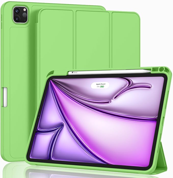 ZryXal New iPad Air 13 Inch Case M3 2025/M2 2024 with Pencil Holder, Trifold Stand Smart Case with Soft TPU Back,Auto Wake/Sleep(Grass Green)