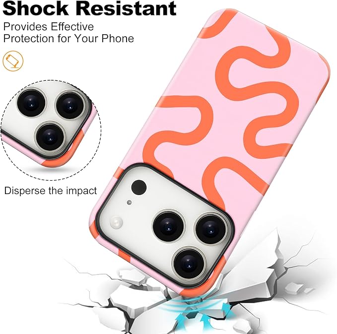 Magnetic for iPhone 17 Pro Case Cute Curved Stripes Phone Case, Shockproof Slim TPU and Hard PC Protective Phone Cover Compatible with MagSafe Designed for Women Girls,Pink