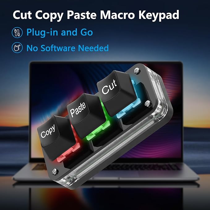 SinLoon Mini 3-Key Cut Copy Paste Keyboard Programmable Keypads with LED Light Mechanical Hot Swap Macro Keyboard for Working and Gaming