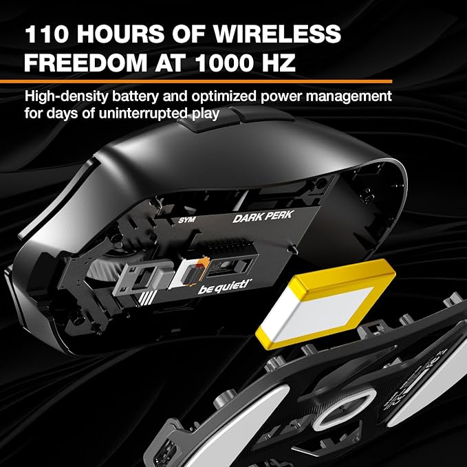 be quiet! Dark Perk Sym PC Gaming Mouse, 55g Lightweight, Ultra-Long Wireless Battery Life, 8,000Hz Polling Rate, PixArt PAW3950 Sensor, 32,000 DPI, Optical 70m switches, 100% PTFE Glide Skates