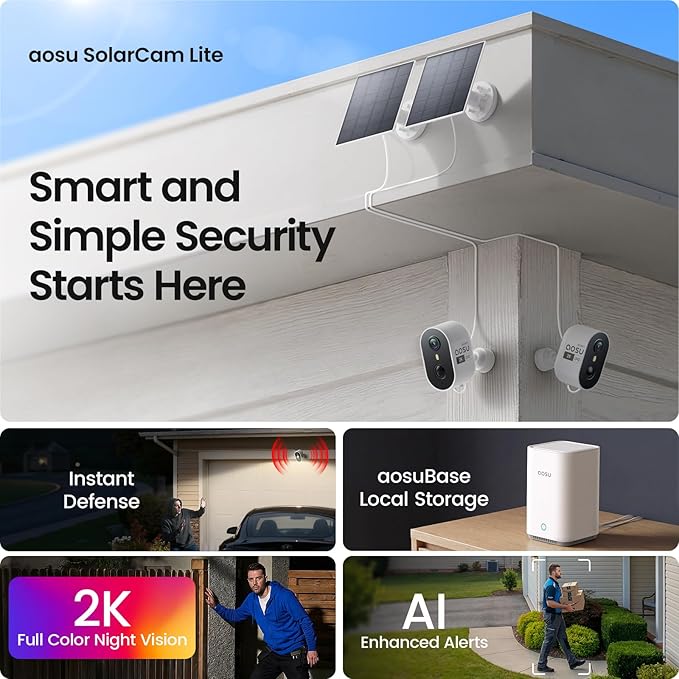 aosu Solar Security Cameras Wireless Outdoor Home System, True 2K HD, Cross-Camera Tracking, PIR + AI Human Detection, Color Night Vision, Local Storage, No Subscription Required, 6-Cam-Kit