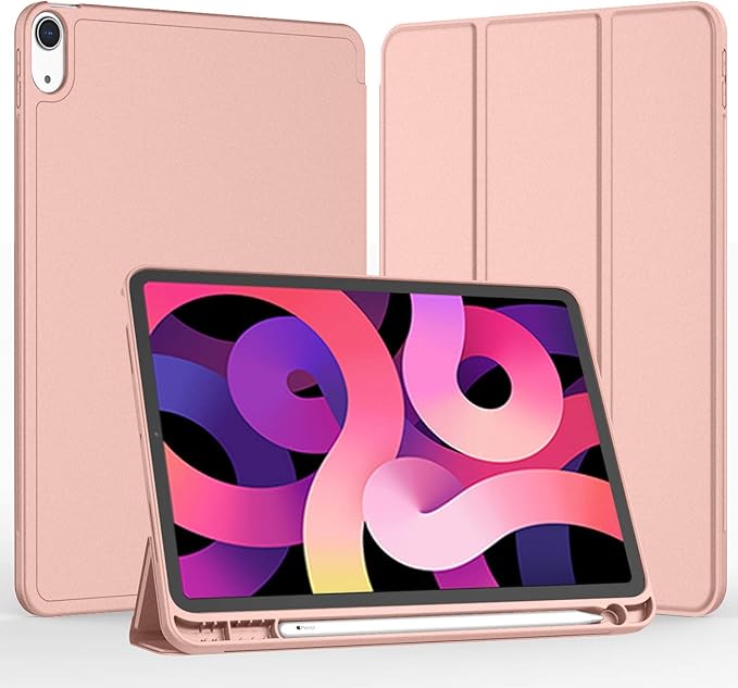 iMieet iPad Air 11 Inch Case M4/M3/M2(2026/2025/2024), iPad Air 5th/4th Generation Case 2022/2020 10.9 Inch with Pencil Holder,Trifold Stand Smart Case with Soft TPU Back(Rose Gold)