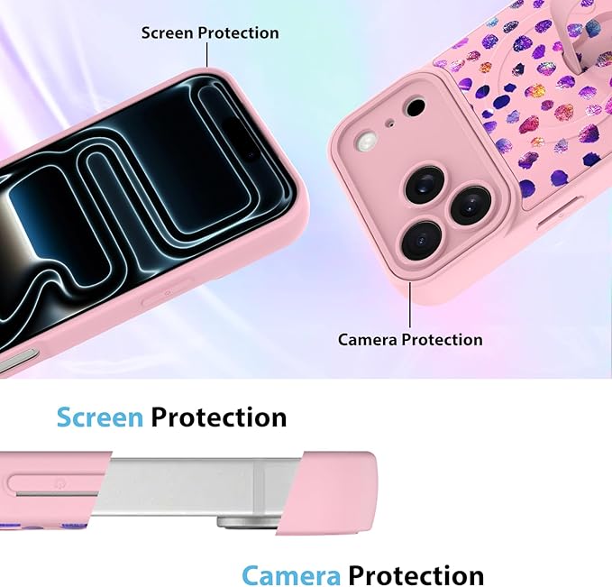 KANGHAR Compatible with iPhone 17 Pro Max Case, Support for MagSafe, Silicone Cute Iridescent Pattern Leopard Print Cheetah, Wristband Kickstand Shockproof Soft Slim Cover for Girls Women, Pink