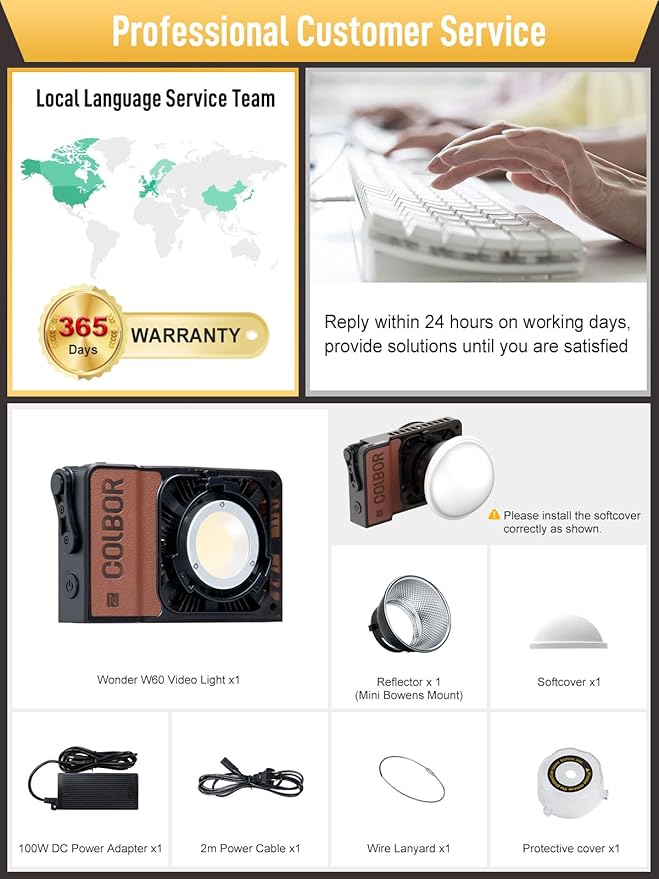 COLBOR W60 Video Light, 60W 2700K-6500K Bi-Color Pocket Continuous Output Lighting with LED Screen 3 Powering Options APP Control for Filmmaking Live Streaming