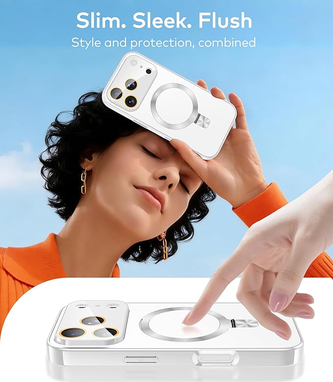 TOBOVON Magnetic for iPhone 17 Pro Case with Ring Stand, Fits MagSafe, with Built-in Camera Cover, Slim Electroplated Shockproof Phone Case, Silver