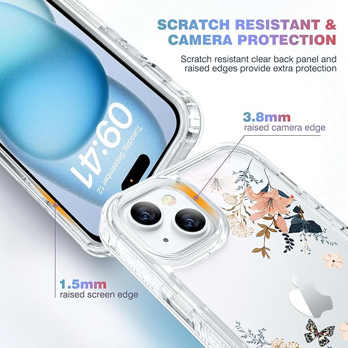 Diaclara Designed for iPhone 15 Case, Full Body Rugged Case with Built-in Touch Sensitive Anti-Scratch Screen Protector, with Camera Lens Protector for iPhone 15 6.1" (Lily) Butterfly
