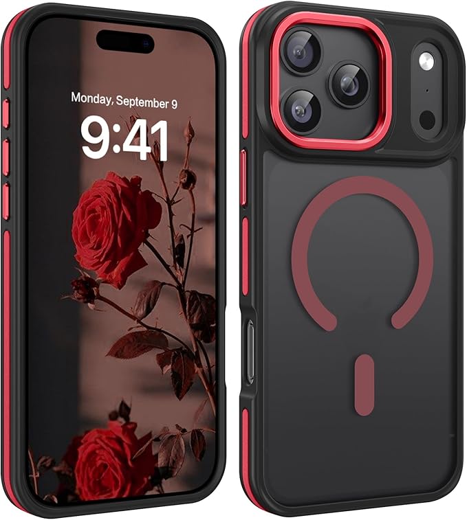 YINLAI Case for iPhone 17 Pro 6.3-Inch, iPhone 17 Pro Phone Case Magnetic [Compatible with Magsafe] Slim Translucent Matte Men Women Girls Shockproof Protective Back Cover, Black/Red