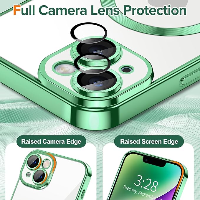 Hython Magnetic Clear for iPhone 14 Plus Case with Camera Lens Protector [Compatible with MagSafe] Luxury Plating Edge Slim Soft TPU Cover Protective Phone Case for iPhone 14 Plus 6.7", Light Green