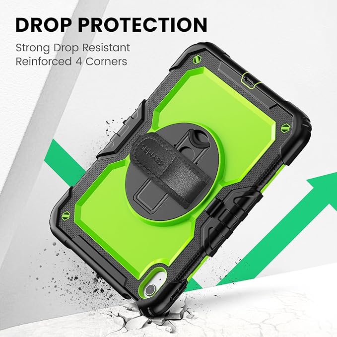 SEYMAC Case for iPad (A16) 11th/10th Generation 2025/2022 (11″/10.9″), Sturdy Heavy Duty Full-Body Shockproof Protective Case with Screen Protector, Rotating Stand, Hand/Shoulder Strap, Black/Green