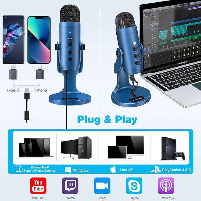ZealSound Podcast Microphone for PC, Noise Cancellation USB Mic with Gain, Volume Adjustment & Mute Button, Monitoring & Echo, for YouTube, TikTok, Podcasting, Streaming, iPhone, iPad, Android(Blue)