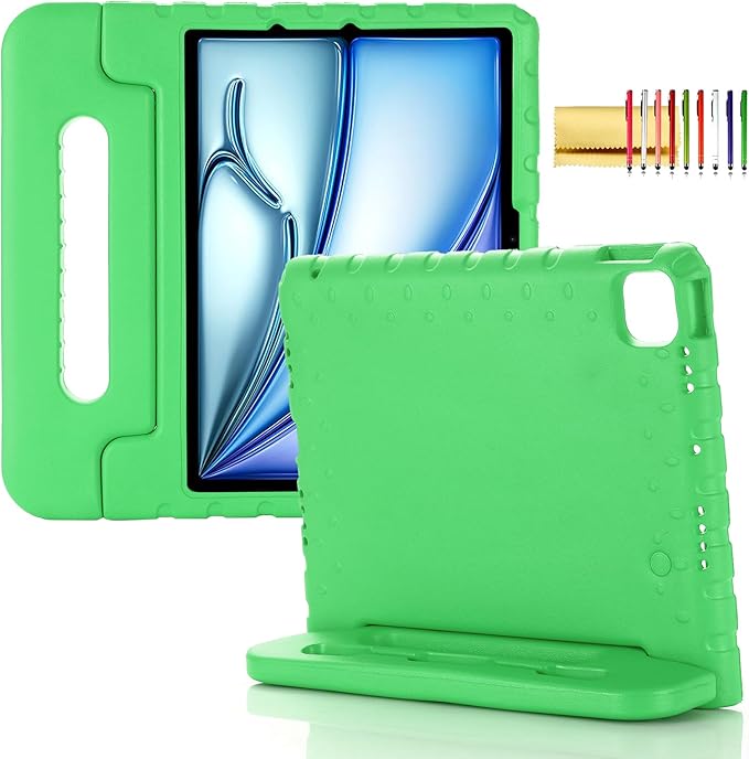 Kids Case for iPad Pro 11" M5/M4 & iPad Air 11" (2026/2025/2024) Shockproof Case with Pencil Holder, Techcircle Light EVA Foam Handle Stand Bumper Protective Child Friendly Drop Proof Cover, Green