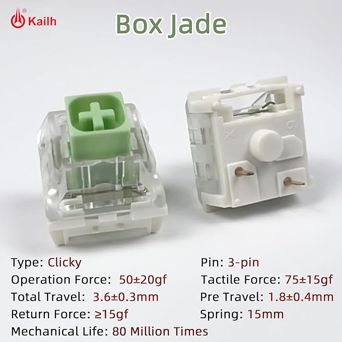 Kailh Box Jade Clicky Keyboard Switch,3-pin 50gf Pre-Lubed Dustproof Waterproof RGB SMD Key Switches for 3D Prints and Mechanical Gaming Keyboard(Box Jade,45pcs)