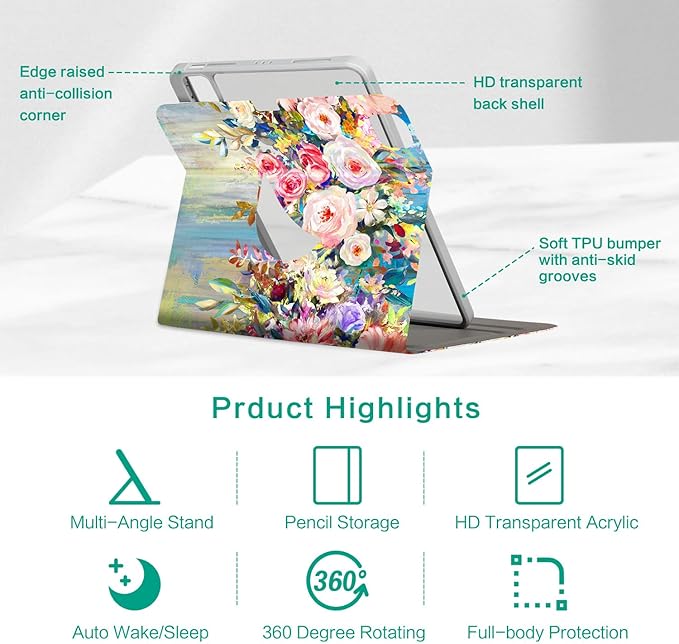 for iPad Air 11 Inch Case M4/M3/M2 2026, 360 Degree Rotating for iPad Air 5Th/4Th Gen Cases 10.9-inch,for iPad Pro 11 Inch Case 4Th/3Rd/2Nd/1St Generation Pencil Holder, Oil Painting Flower