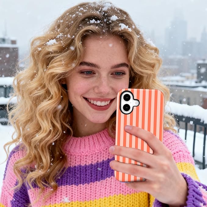 Magnetic for iPhone 17 Case Cute Stripes Phone Case, Shockproof Slim TPU and Hard PC Protective Phone Cover Compatible with MagSafe Designed for Women Girls, Deep Orange