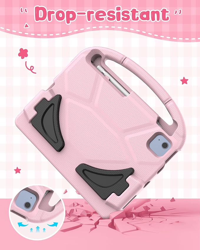 Kids Case for iPad A16 11th Gen 11-Inch 2025 & iPad 10th Generation (10.9" 2022), Durable Shockproof Fully-Body Cover with Screen Protector/Pencil Holder/Stand/Handle for Kids, Light Pink