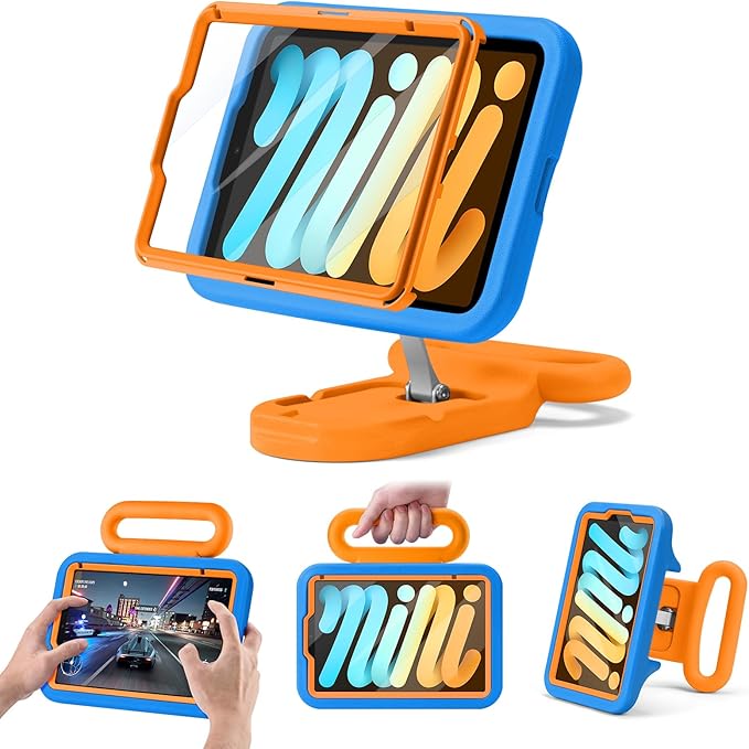 Kids Case for iPad mini 7 (A17 Pro) 2024 /iPad Mini6 2021,Adjustable Portrait/Landscape Stand//Drop Proof with Handle/Kickstand,Child Friendly Case for iPad mini 7th/6th Gen 8.3inch (Blueorange)