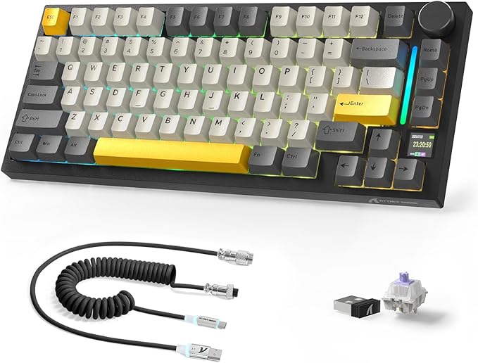 A.JAZZ Attack Shark X820Ultra 75% Wireless Mechanical Gaming Keyboard and Coiled Cable Hot Swappable 2.4GHz/Bluetooth/Wired Keyboard with Screen & Knob RGB Backlit Gasket Mount Gift Switch-Starblack