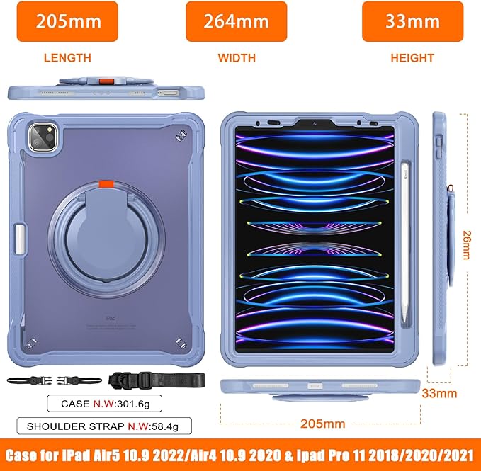 Batianda Ultimate Protective Case for iPad Pro 11-inch 2022 4th M2 Chip /2021 (3rd Generation) Rugged Shockproof Tablet Cover with 360° Rotatable Kickstand & Shoulder Strap & Pencil Holder, Lavender