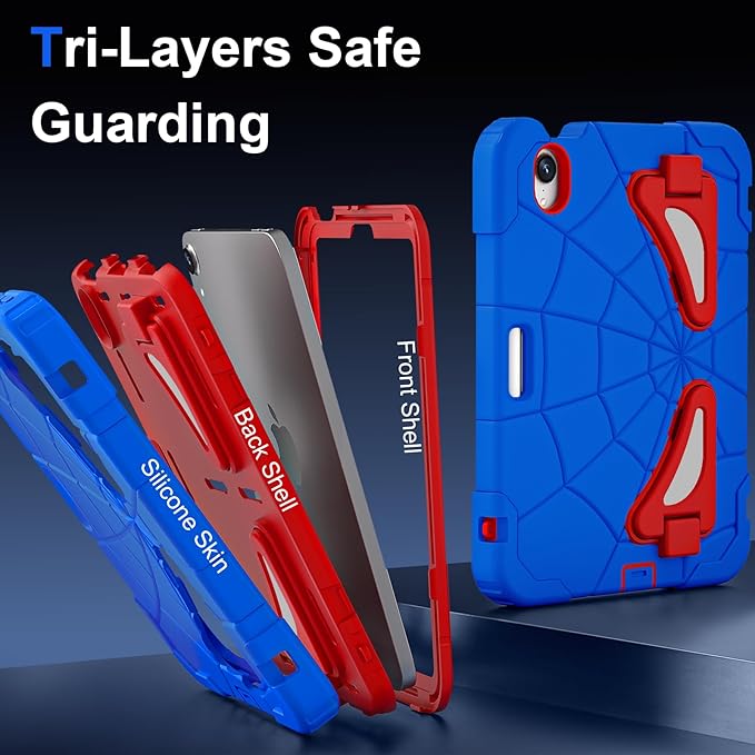 AKABEILA Compatible with Apple iPad mini 6 2021/iPad mini 7 2024 Tablet Case，Lightweight Shockproof Rugged Protective Cover with Kickstand for Kids Children Boys Babies Blue Red