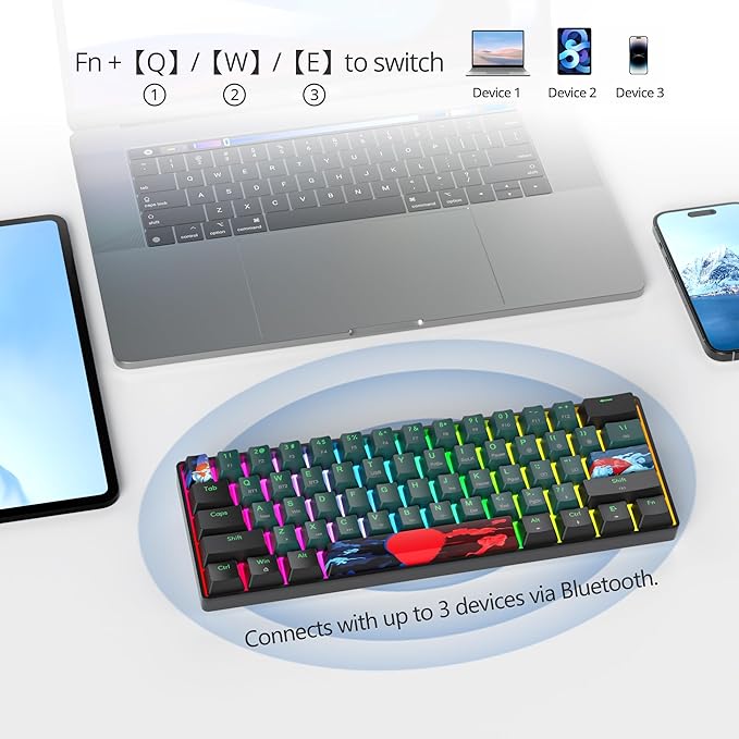 Fogruaden Wireless Gaming Keyboard, 60% Percent Mechanical Keyboard Wireless, Hot-Swappable Yellow Switch, RGB Wired/Bluetooth Keyboards for Win/Mac, 61 Keys NKRO (Soundwave)