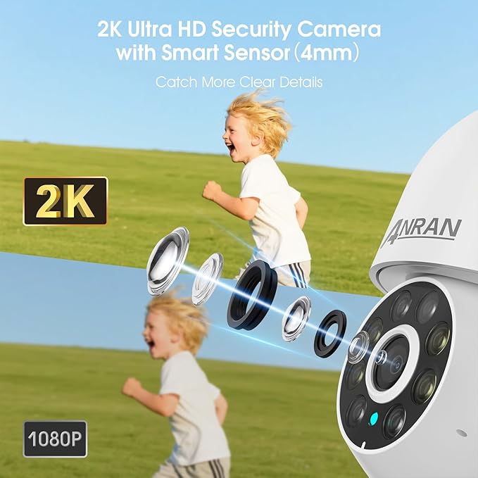 ANRAN 2K WiFi Security Camera Outdoor: 2.4/5GHz Dual-Band, Auto-Tracking, 2-Way Audio, Color Night Vision, 24/7 Recording, 3MP Pan-Tilt 360° View Camera for Home/House
