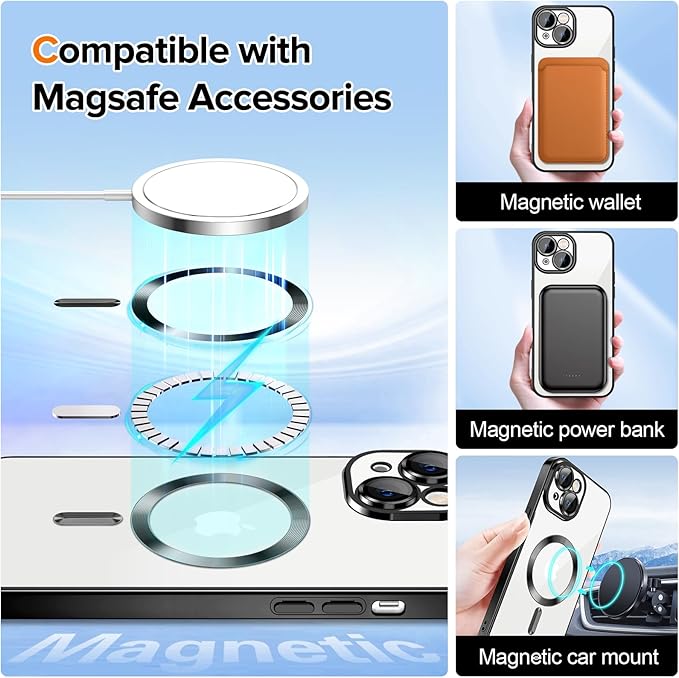 Hython Magnetic Clear for iPhone 15 Case with Camera Lens Protector [Compatible with MagSafe] Luxury Plating Edge Slim Soft TPU Cover Protective Phone Case for iPhone 15 6.1", Black