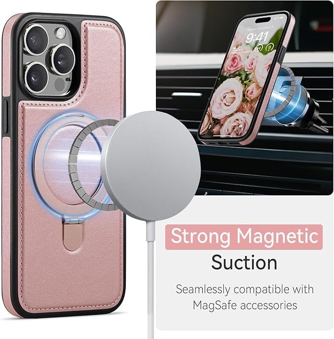 Compatible with iPhone 14 Pro Case with Stand, Compatible with MagSafe, Slim PU Leather & Durable TPU Protective Cover Drop-Proof with Tempered Glass Screen Protector 6.1", Rose Gold