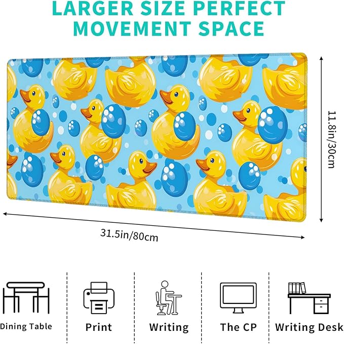 Colorful Rubber Duck Gaming Mouse Pad – 12x31.5in Large Extended Desk Mat with Cute Cartoon Yellow Ducks Bubbles Design – Non-Slip Rubber Mousepad for Office Home – Deskmat Gifts Decor