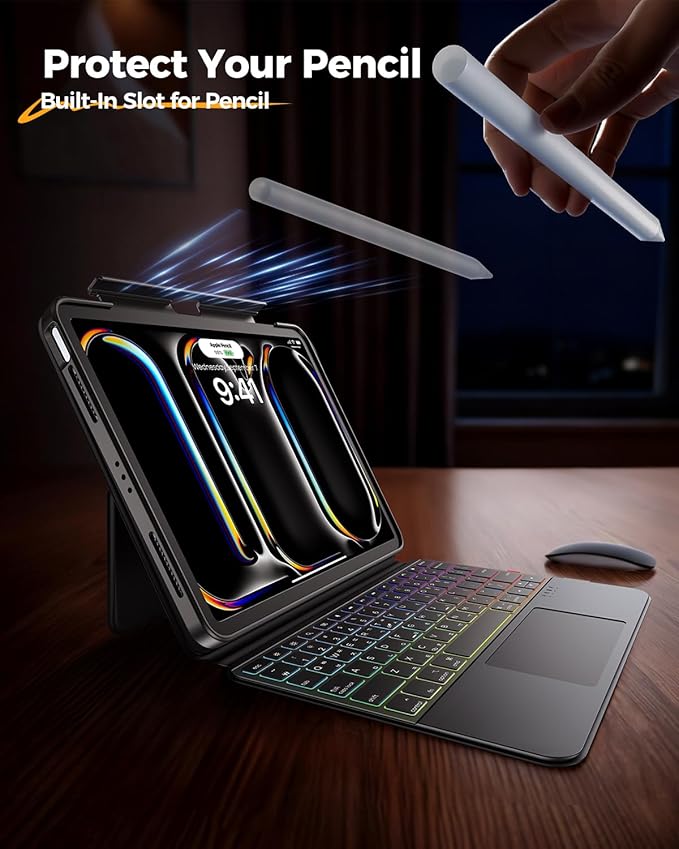 Clear Magnetic Keyboard Case for iPad Pro 11 Inch (M5/M4) 2025/2024, 7-Color Backlit & Multi-Touch Trackpad, Detachable 360 Rotation & Up-Down Lift Protective Case w/Stand, Black
