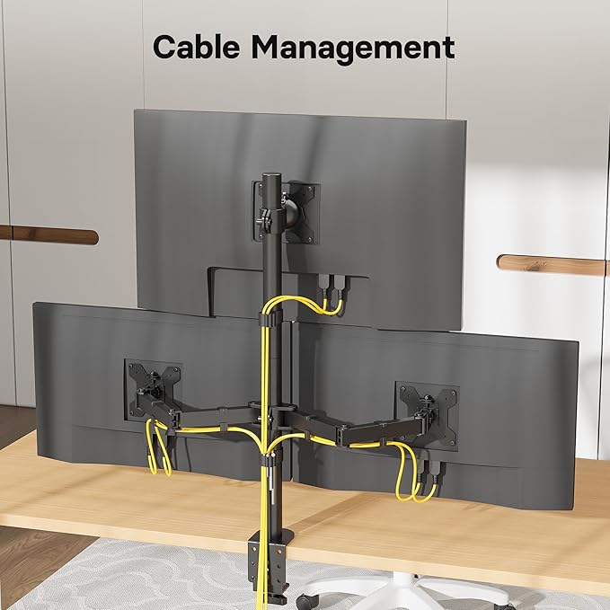 BONTEC Triple Monitor Desk Mount, Supports 13-32 Inch Screens, Full Motion Adjustability, VESA 75x75/100x100mm, Up to 22lbs per Arm, C Clamp and Grommet Mounting Options, Cable Management