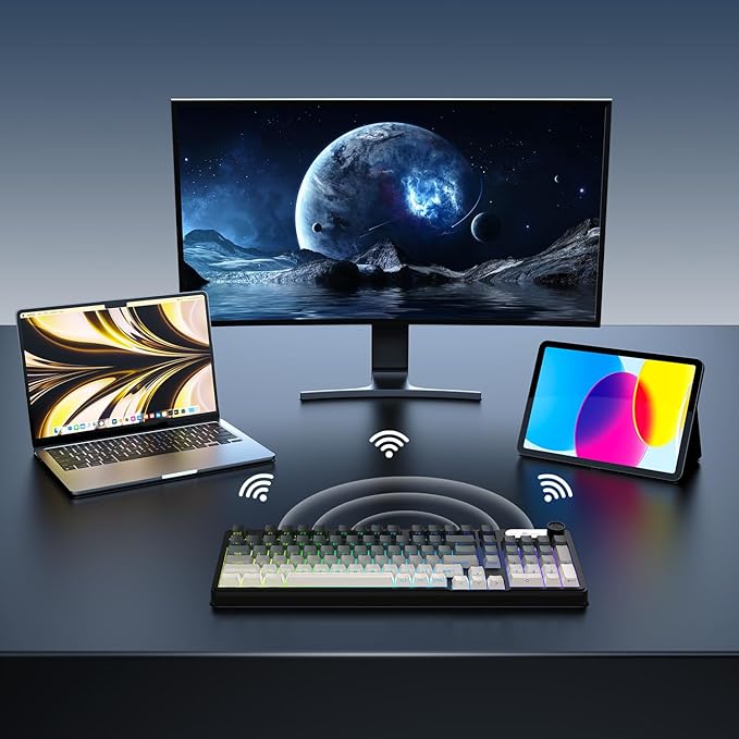 GEODMAER G98X Wireless Gaming Keyboard, Tri-Mode 2.4GHz/USB-C/BT5.0 Silent Gaming Keyboard with Number Pad & Knob, RGB Backlit, Side Printed PBT Keycaps Computer Keyboards for PC Mac Laptop Gamer