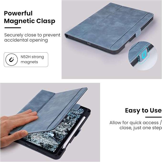 Handmade Case for iPad Pro 13 Inch (M5/M4) 2025/2024 with Pencil Holder Pocket,Magnetic Closure,Auto Sleep/Wake,Vegan Leather Folio Protective Cover,Multi Angles Stand,Light Blue