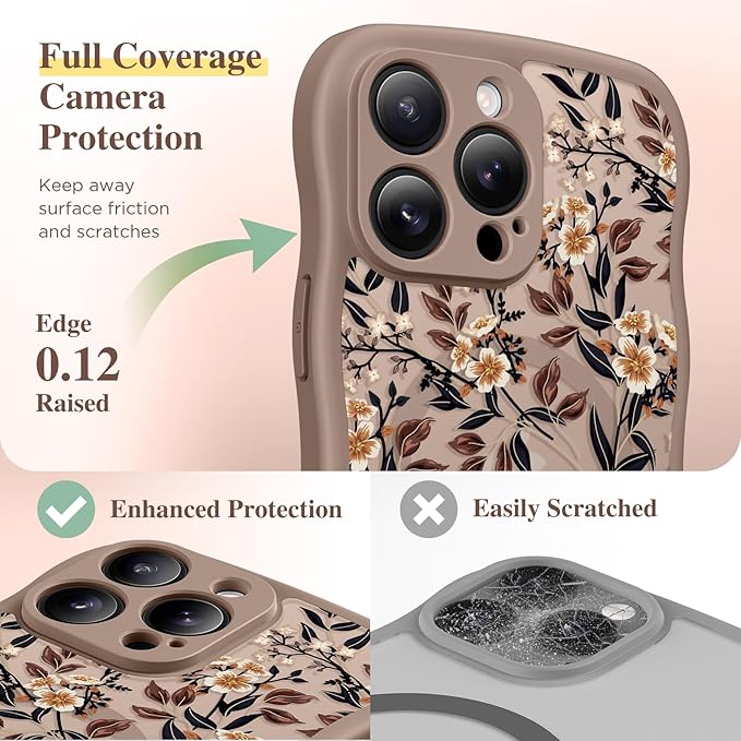 GVIEWIN for iPhone 15 Pro Max Case Compatible with MagSafe [Curly Wave Edge][Full Camera Protection] Floral Translucent Shockproof Magnetic Women Phone Case for 15 Pro Max 6.7'', Bunchflower/Brown