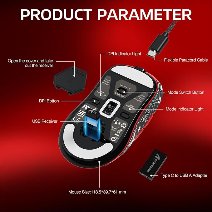 MANBASNAKE Attack Shark X3 Pro 4K/8K Hz Mouse, 59g Superlight BT/2.4G Wireless/Wired Gaming Mouse, PixArt PAW3395 Gaming Sensor, 26000 DPI, Griptape, Programmable Buttons for Win11/Xbox/PS/Mac(Red)