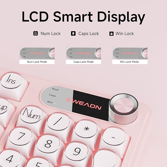 EWEADN V102 Wired Keyboard, 98 Keys Creamy Gaming Keyboard with Number Pad, Display Screen & Media Knob RGB Silent Wired Cute Computer Keyboard for Laptop PC Gamer - Pink