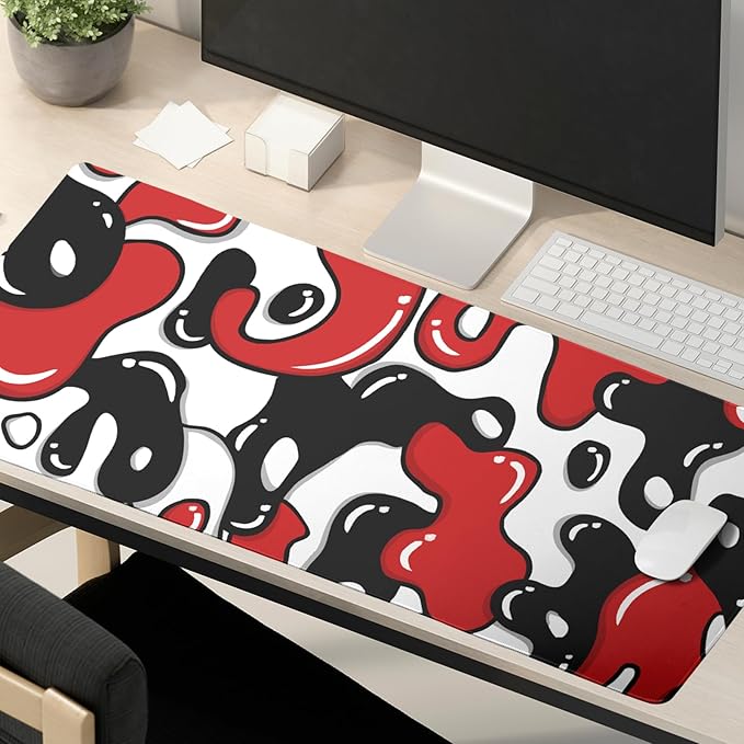 Japanese Anime Geometric Gaming Mouse Pad XL 31.5x11.8 Inch Red Black White Japanese Mouse Mat Desk Mat Extended Large Mousepad With Non-Slip Rubber Base Stitched Edge Mousepad for Work Gaming Desktop