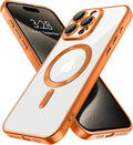 Hython Magnetic Clear for iPhone 15 Pro Max Case with Camera Lens Protector [Compatible with MagSafe] Plating Edge Slim Soft TPU Cover Protective Phone Case for iPhone 15 Pro Max 6.7", Matte Orange