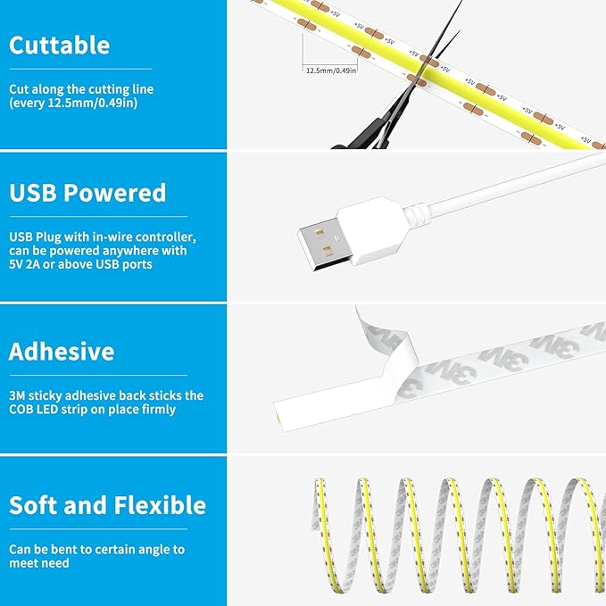 USB 5V COB LED Strip Lights 3.28ft/1M, Natural White 4000K Dimmable USB Powered Density COB Tape Flexible Cuttable LED Strip for TV Backlight, 3D Printer, RV, Sewing Machine, Bedroom, Mirror