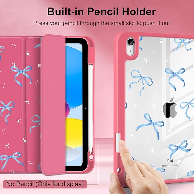 Case for iPad Air 13 inch 2026 M4 2025 M3 2024 M2 Release Slim Lightweight Shockproof Cute Hot Pink Cover with Clear Back TPU Edge Pencil Holder Trifold Stand Auto Wake Sleep, Ribbons