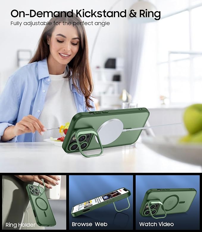 TOBOVON for iPhone 16 Pro Max Case, Compatible with MagSafe, Built-in Camera Ring Stand, with Individual Camera Cover, Translucent Matte Military-Grade Drop Protection Magnetic Case, Green